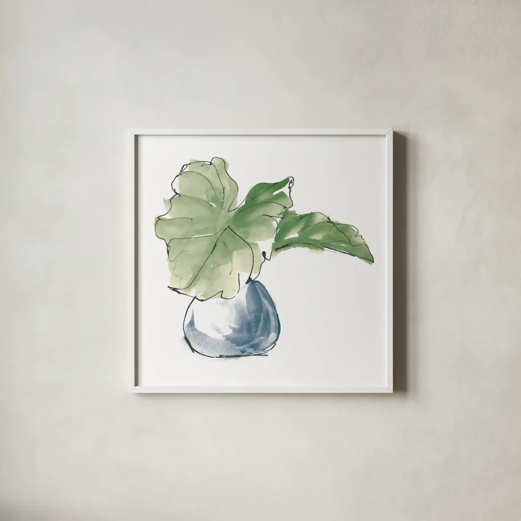 Plant Big Leaf I Dark Green by Chris Paschke. Shown in a crisp white glass frame for a clean and minimalist style. Available as an archival giclee rolled canvas, fine art paper, or poster print. SKU 56346a.