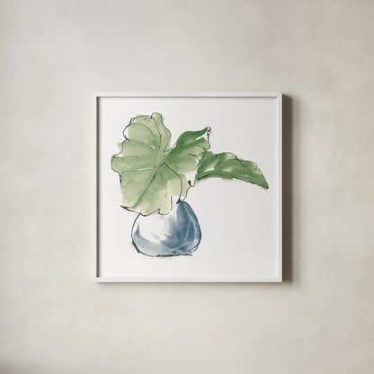 Plant Big Leaf I Dark Green by Chris Paschke. Shown in a crisp white glass frame for a clean and minimalist style. Available as an archival giclee rolled canvas, fine art paper, or poster print. SKU 56346a.