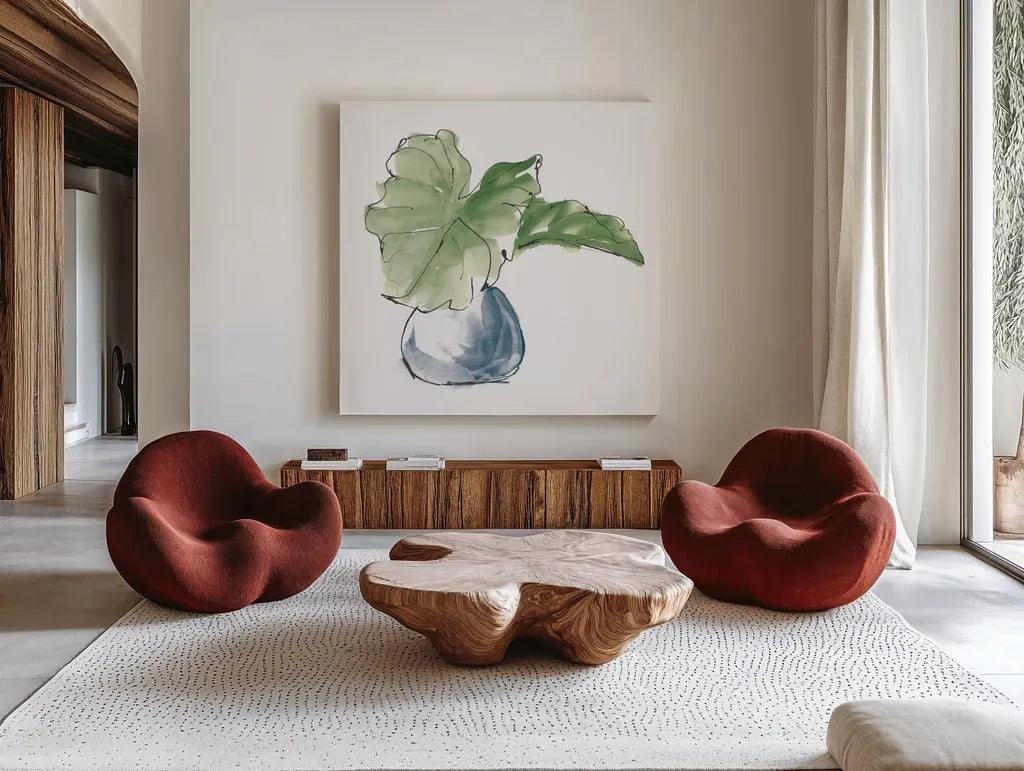 Plant Big Leaf I Dark Green by Chris Paschke. Shown as extra-large giant wall art in a modern living room. Available as an archival giclee rolled canvas, fine art paper, or poster print. SKU 56346a.