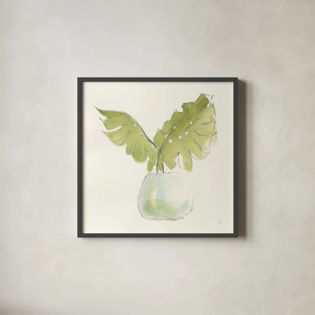 Plant Big Leaf II by Chris Paschke. Shown in a sleek black glass frame for a contemporary gallery look. Available as an archival giclee rolled canvas, fine art paper, or poster print. SKU 55027a.