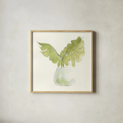 Plant Big Leaf II by Chris Paschke. Shown in a natural wood glass frame for a timeless modern aesthetic. Available as an archival giclee rolled canvas, fine art paper, or poster print. SKU 55027a.