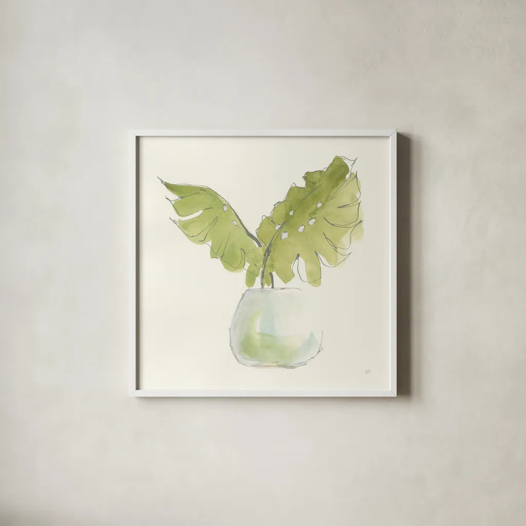 Plant Big Leaf II by Chris Paschke. Shown in a crisp white glass frame for a clean and minimalist style. Available as an archival giclee rolled canvas, fine art paper, or poster print. SKU 55027a.
