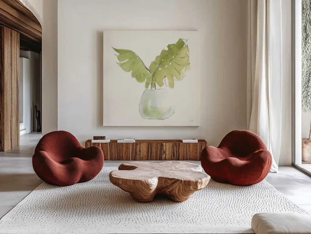 Plant Big Leaf II by Chris Paschke. Shown as extra-large giant wall art in a modern living room. Available as an archival giclee rolled canvas, fine art paper, or poster print. SKU 55027a.