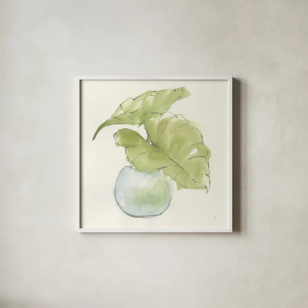 Plant Big Leaf III by Chris Paschke. Shown in a crisp white glass frame for a clean and minimalist style. Available as an archival giclee rolled canvas, fine art paper, or poster print. SKU 55028a.