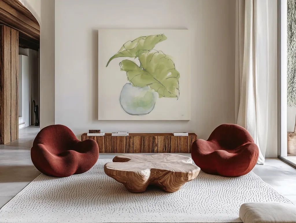 Plant Big Leaf III by Chris Paschke. Shown as extra-large giant wall art in a modern living room. Available as an archival giclee rolled canvas, fine art paper, or poster print. SKU 55028a.