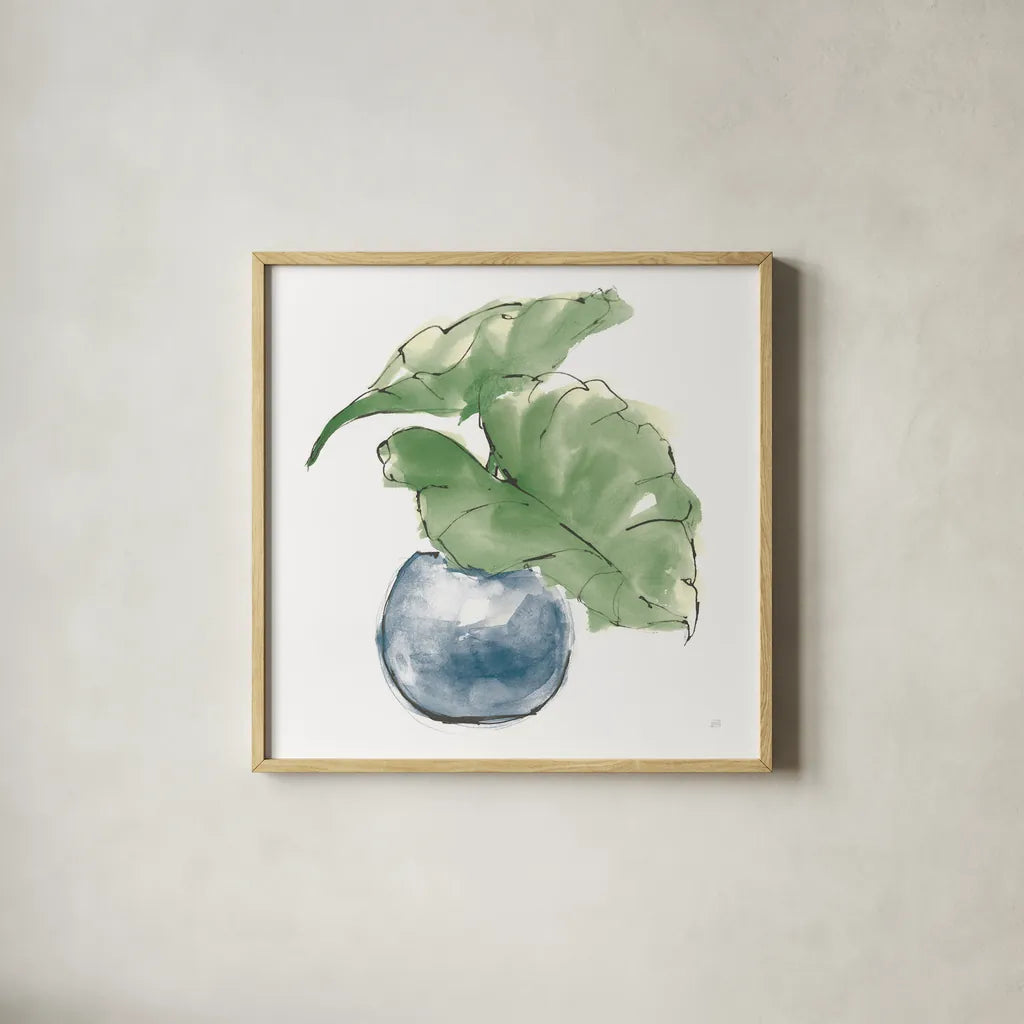 Plant Big Leaf III Dark Green by Chris Paschke. Shown in a natural wood glass frame for a timeless modern aesthetic. Available as an archival giclee rolled canvas, fine art paper, or poster print. SKU 56348a.