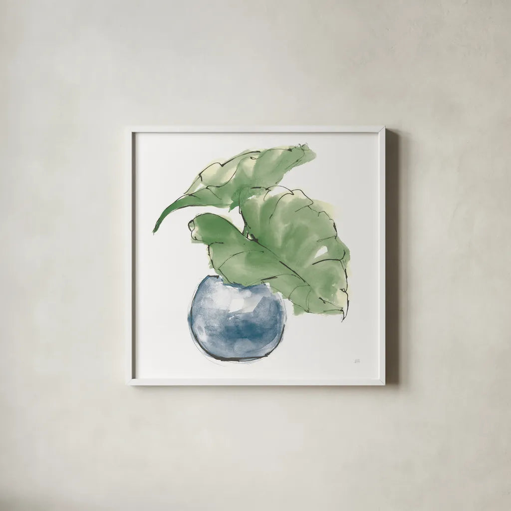 Plant Big Leaf III Dark Green by Chris Paschke. Shown in a crisp white glass frame for a clean and minimalist style. Available as an archival giclee rolled canvas, fine art paper, or poster print. SKU 56348a.