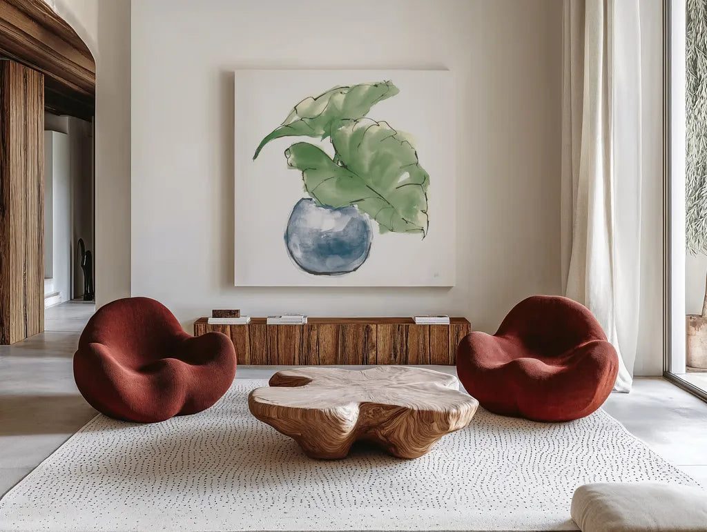 Plant Big Leaf III Dark Green by Chris Paschke. Shown as extra-large giant wall art in a modern living room. Available as an archival giclee rolled canvas, fine art paper, or poster print. SKU 56348a.