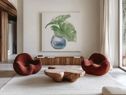 Plant Big Leaf III Dark Green by Chris Paschke. Shown as extra-large giant wall art in a modern living room. Available as an archival giclee rolled canvas, fine art paper, or poster print. SKU 56348a.