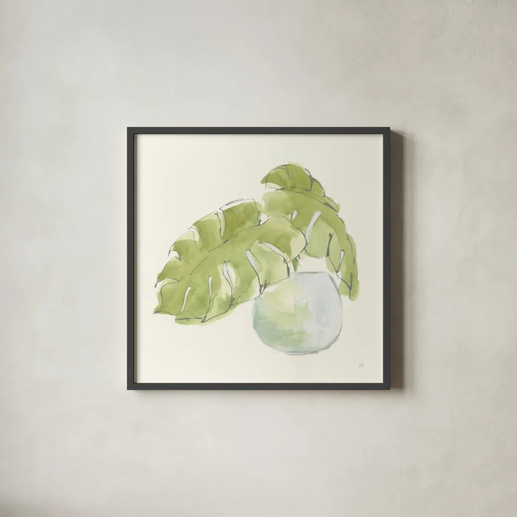 Plant Big Leaf IV by Chris Paschke. Shown in a sleek black glass frame for a contemporary gallery look. Available as an archival giclee rolled canvas, fine art paper, or poster print. SKU 55029a.