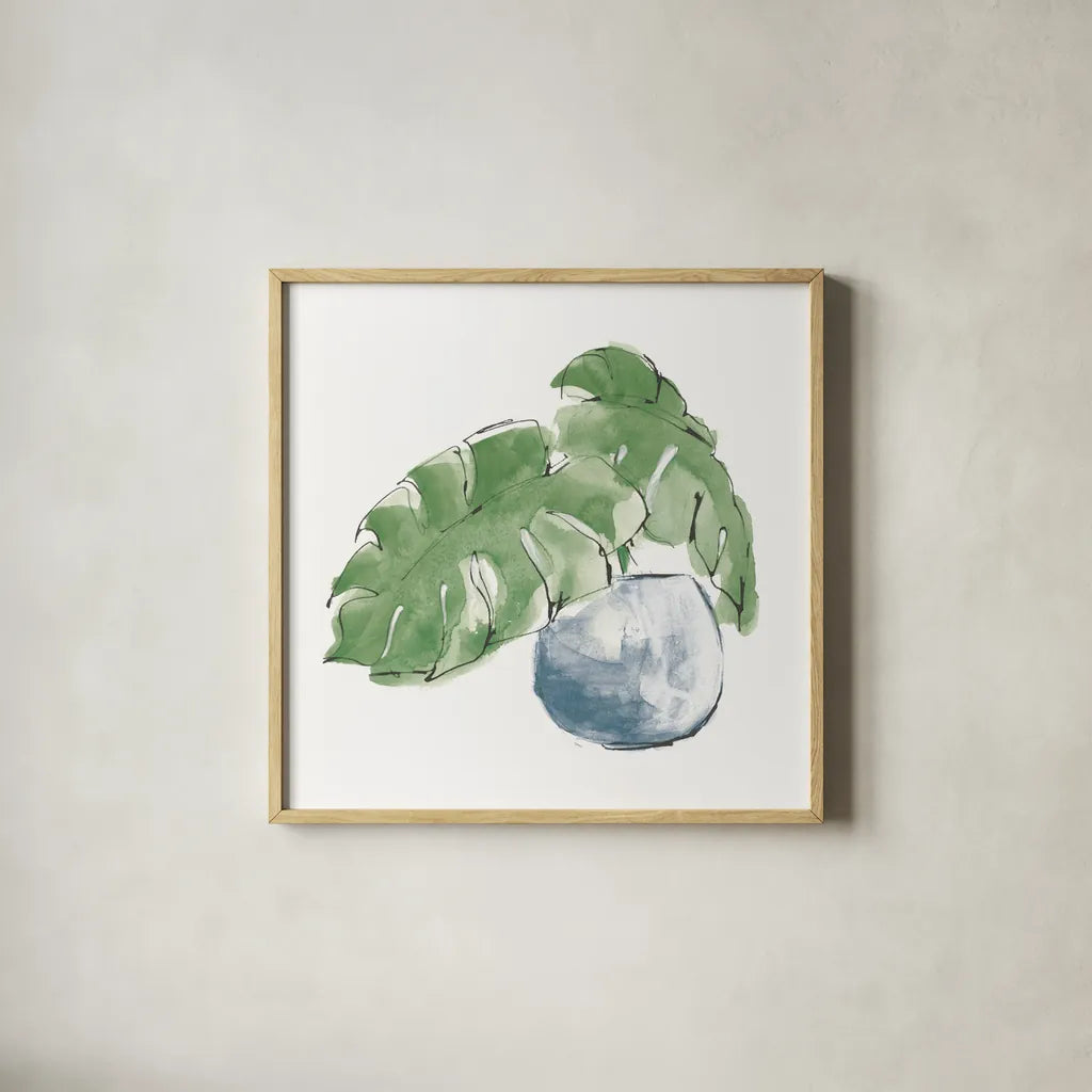 Plant Big Leaf IV Dark Green by Chris Paschke. Shown in a natural wood glass frame for a timeless modern aesthetic. Available as an archival giclee rolled canvas, fine art paper, or poster print. SKU 56349a.