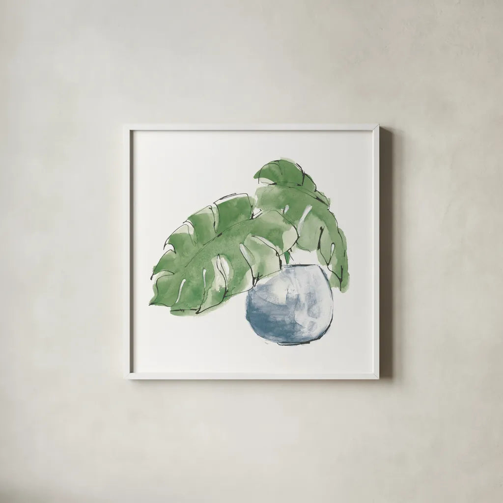 Plant Big Leaf IV Dark Green by Chris Paschke. Shown in a crisp white glass frame for a clean and minimalist style. Available as an archival giclee rolled canvas, fine art paper, or poster print. SKU 56349a.