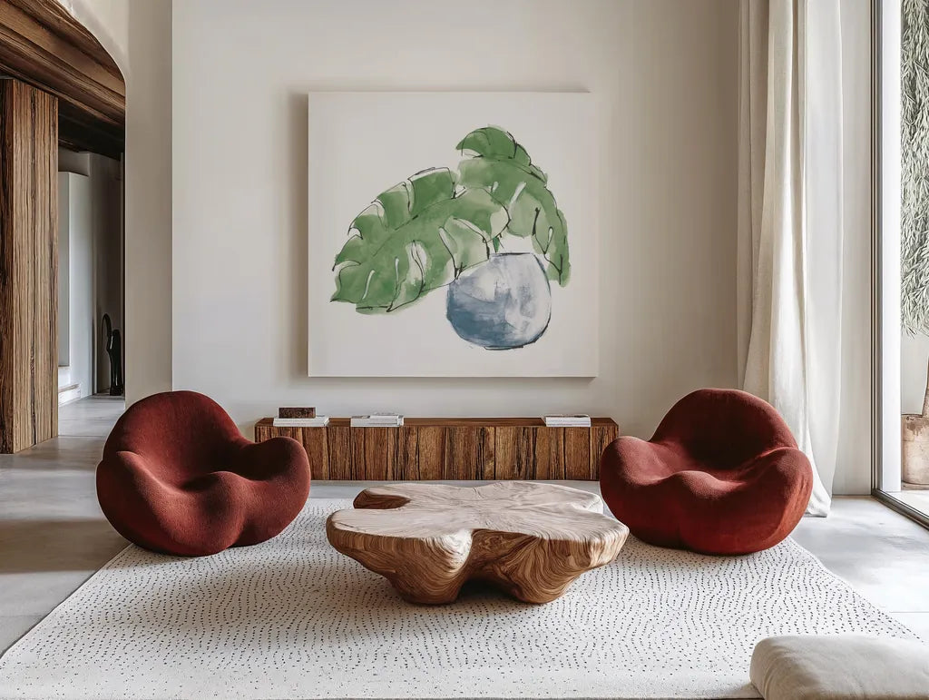Plant Big Leaf IV Dark Green by Chris Paschke. Shown as extra-large giant wall art in a modern living room. Available as an archival giclee rolled canvas, fine art paper, or poster print. SKU 56349a.
