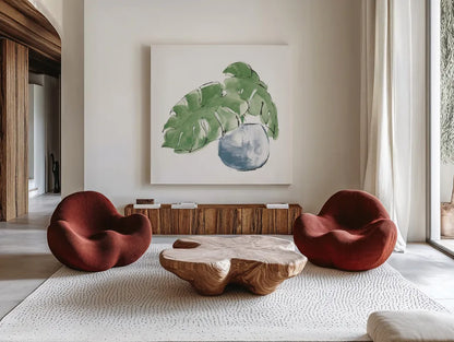 Plant Big Leaf IV Dark Green by Chris Paschke. Shown as extra-large giant wall art in a modern living room. Available as an archival giclee rolled canvas, fine art paper, or poster print. SKU 56349a.