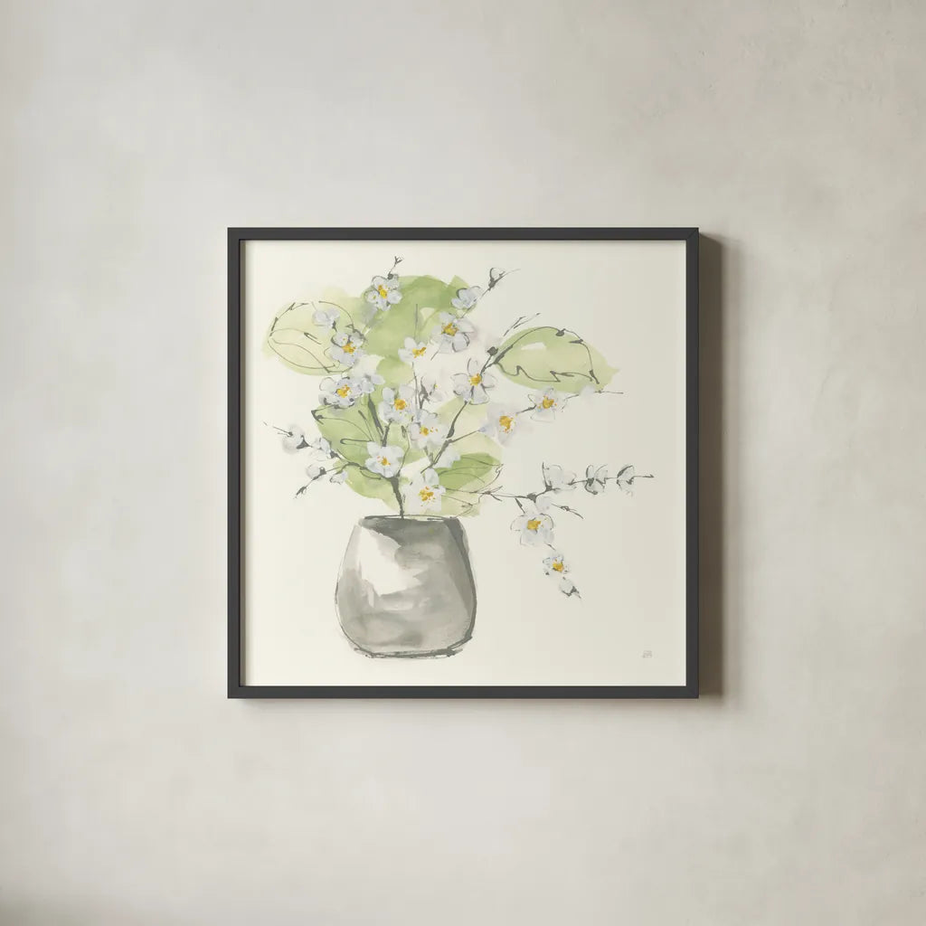 Plant Blossom I by Chris Paschke. Shown in a sleek black glass frame for a contemporary gallery look. Available as an archival giclee rolled canvas, fine art paper, or poster print. SKU 55021a.