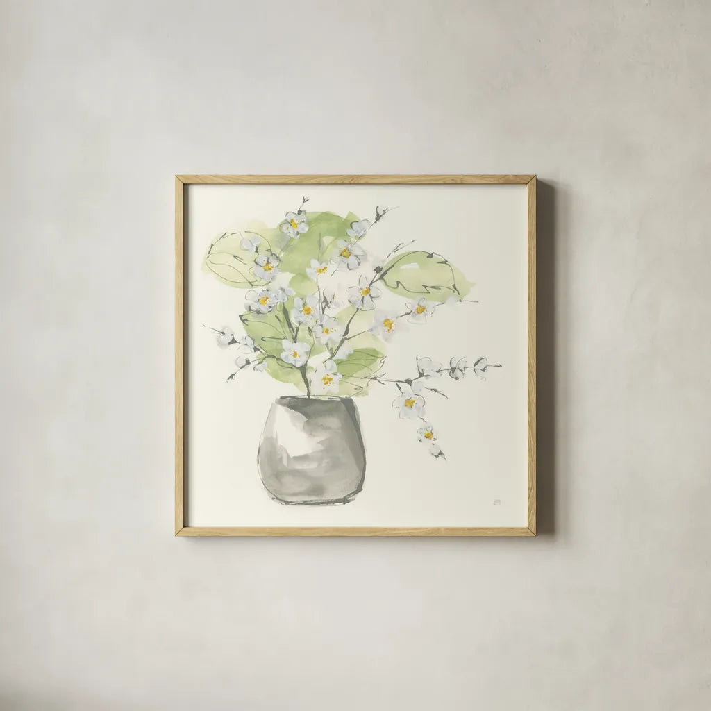 Plant Blossom I by Chris Paschke. Shown in a natural wood glass frame for a timeless modern aesthetic. Available as an archival giclee rolled canvas, fine art paper, or poster print. SKU 55021a.