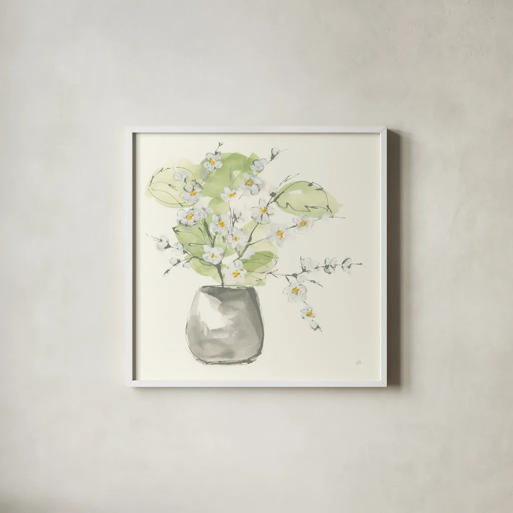 Plant Blossom I by Chris Paschke. Shown in a crisp white glass frame for a clean and minimalist style. Available as an archival giclee rolled canvas, fine art paper, or poster print. SKU 55021a.