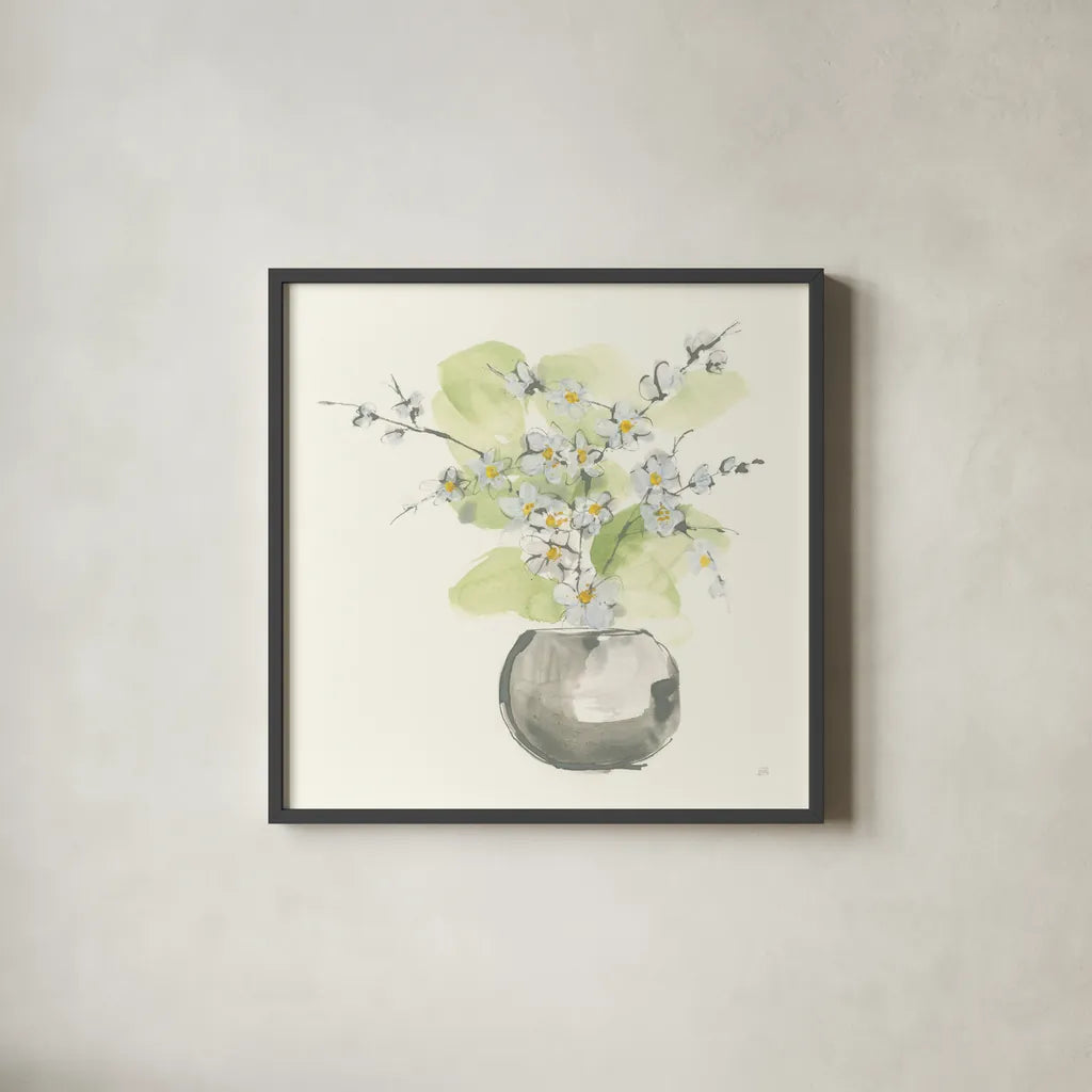 Plant Blossom II by Chris Paschke. Shown in a sleek black glass frame for a contemporary gallery look. Available as an archival giclee rolled canvas, fine art paper, or poster print. SKU 55022a.