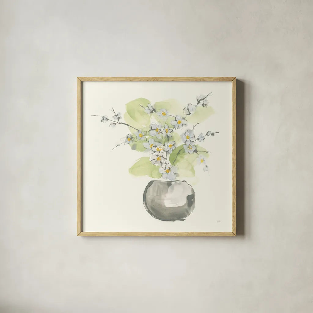Plant Blossom II by Chris Paschke. Shown in a natural wood glass frame for a timeless modern aesthetic. Available as an archival giclee rolled canvas, fine art paper, or poster print. SKU 55022a.