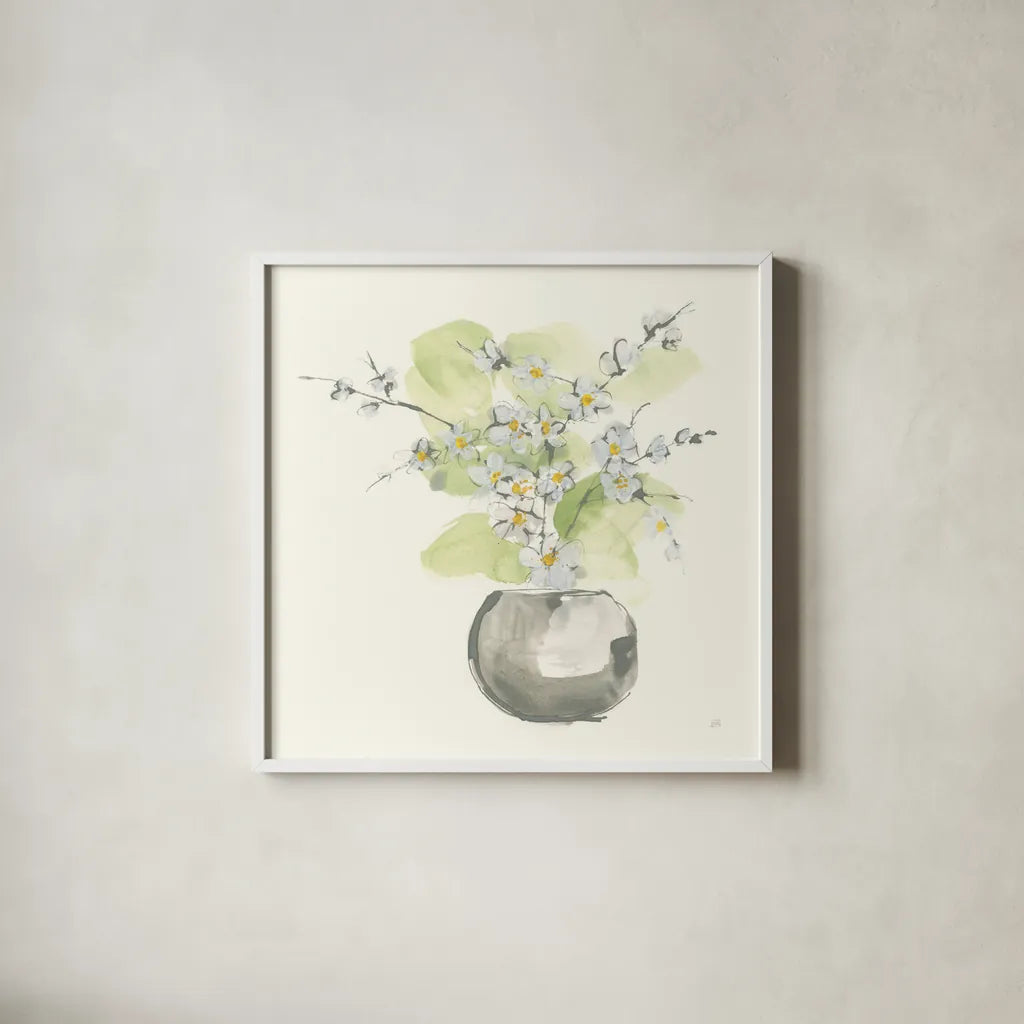 Plant Blossom II by Chris Paschke. Shown in a crisp white glass frame for a clean and minimalist style. Available as an archival giclee rolled canvas, fine art paper, or poster print. SKU 55022a.