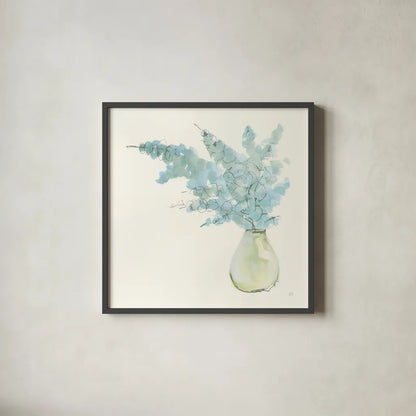 Plant Eucalyptus I by Chris Paschke. Shown in a sleek black glass frame for a contemporary gallery look. Available as an archival giclee rolled canvas, fine art paper, or poster print. SKU 55033a.