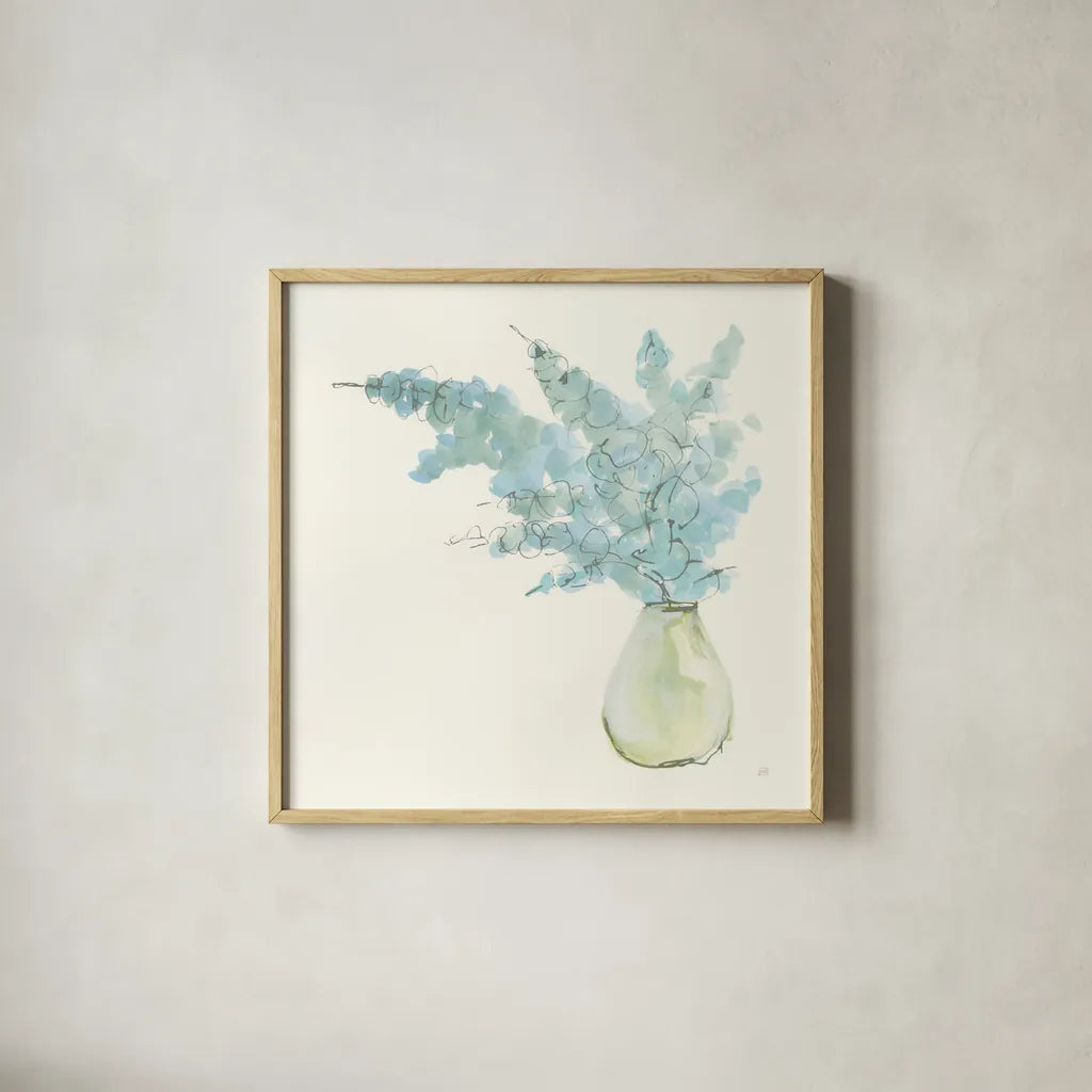 Plant Eucalyptus I by Chris Paschke. Shown in a natural wood glass frame for a timeless modern aesthetic. Available as an archival giclee rolled canvas, fine art paper, or poster print. SKU 55033a.