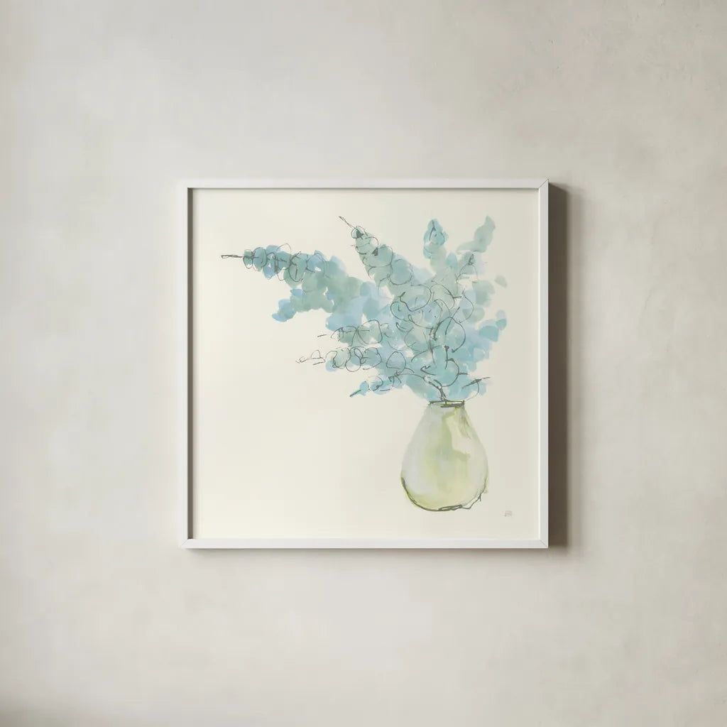 Plant Eucalyptus I by Chris Paschke. Shown in a crisp white glass frame for a clean and minimalist style. Available as an archival giclee rolled canvas, fine art paper, or poster print. SKU 55033a.