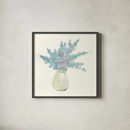Plant Eucalyptus IV by Chris Paschke. Shown in a sleek black glass frame for a contemporary gallery look. Available as an archival giclee rolled canvas, fine art paper, or poster print. SKU 55036a.