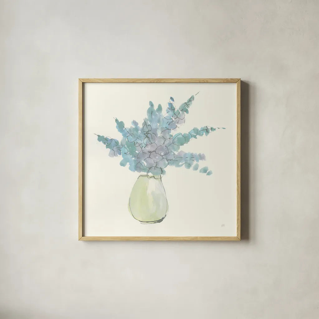 Plant Eucalyptus IV by Chris Paschke. Shown in a natural wood glass frame for a timeless modern aesthetic. Available as an archival giclee rolled canvas, fine art paper, or poster print. SKU 55036a.