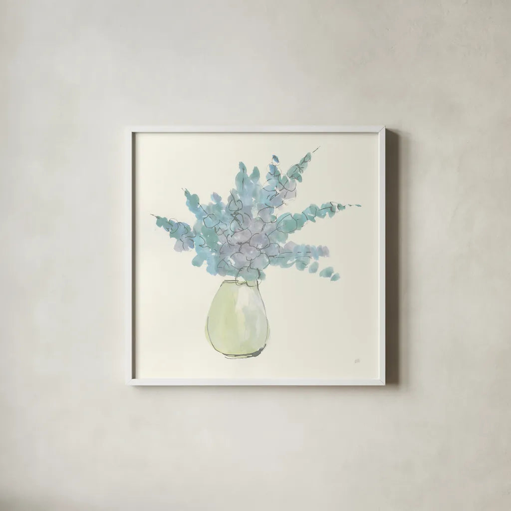 Plant Eucalyptus IV by Chris Paschke. Shown in a crisp white glass frame for a clean and minimalist style. Available as an archival giclee rolled canvas, fine art paper, or poster print. SKU 55036a.