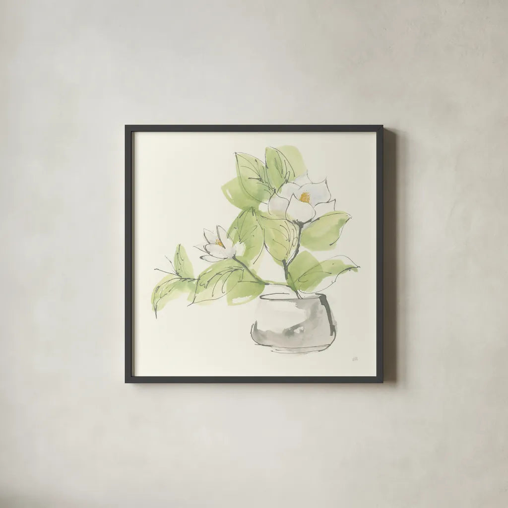 Plant Magnolia I by Chris Paschke. Shown in a sleek black glass frame for a contemporary gallery look. Available as an archival giclee rolled canvas, fine art paper, or poster print. SKU 55040a.