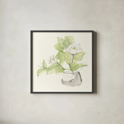Plant Magnolia I by Chris Paschke. Shown in a sleek black glass frame for a contemporary gallery look. Available as an archival giclee rolled canvas, fine art paper, or poster print. SKU 55040a.