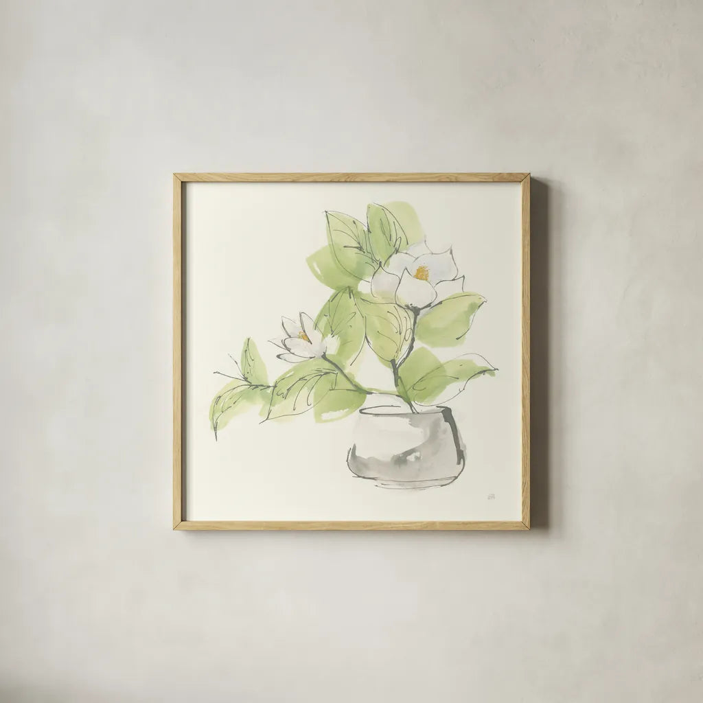 Plant Magnolia I by Chris Paschke. Shown in a natural wood glass frame for a timeless modern aesthetic. Available as an archival giclee rolled canvas, fine art paper, or poster print. SKU 55040a.