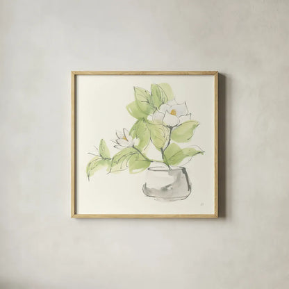 Plant Magnolia I by Chris Paschke. Shown in a natural wood glass frame for a timeless modern aesthetic. Available as an archival giclee rolled canvas, fine art paper, or poster print. SKU 55040a.