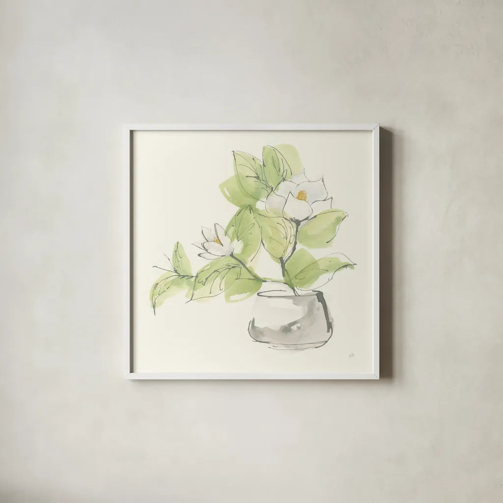 Plant Magnolia I by Chris Paschke. Shown in a crisp white glass frame for a clean and minimalist style. Available as an archival giclee rolled canvas, fine art paper, or poster print. SKU 55040a.