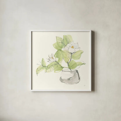 Plant Magnolia I by Chris Paschke. Shown in a crisp white glass frame for a clean and minimalist style. Available as an archival giclee rolled canvas, fine art paper, or poster print. SKU 55040a.