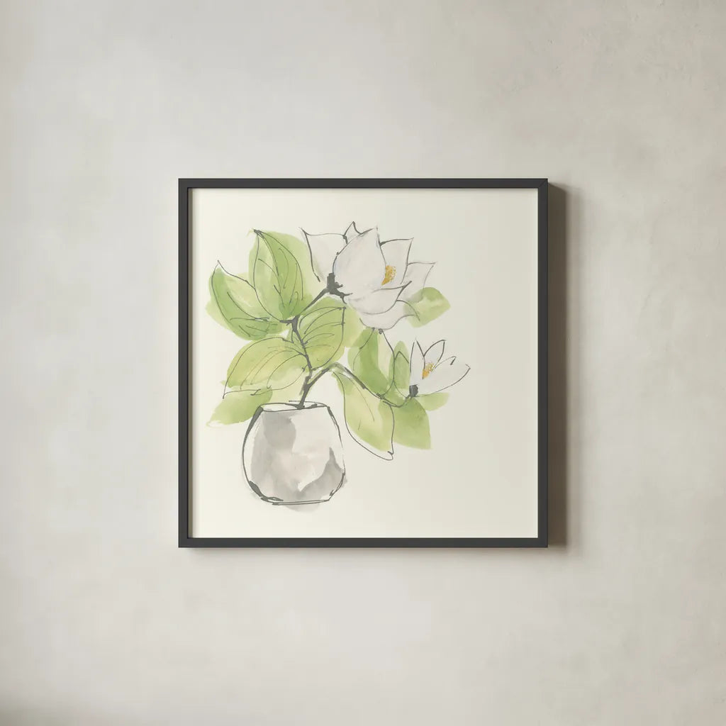 Plant Magnolia II by Chris Paschke. Shown in a sleek black glass frame for a contemporary gallery look. Available as an archival giclee rolled canvas, fine art paper, or poster print. SKU 55041a.