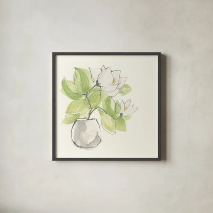 Plant Magnolia II by Chris Paschke. Shown in a sleek black glass frame for a contemporary gallery look. Available as an archival giclee rolled canvas, fine art paper, or poster print. SKU 55041a.