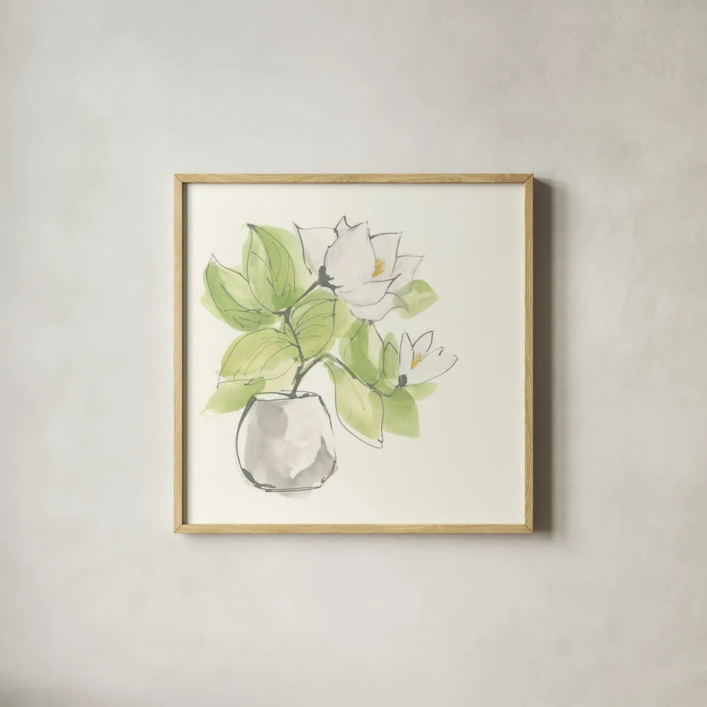 Plant Magnolia II by Chris Paschke. Shown in a natural wood glass frame for a timeless modern aesthetic. Available as an archival giclee rolled canvas, fine art paper, or poster print. SKU 55041a.