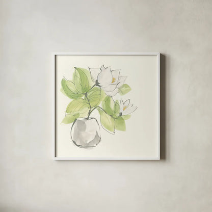 Plant Magnolia II by Chris Paschke. Shown in a crisp white glass frame for a clean and minimalist style. Available as an archival giclee rolled canvas, fine art paper, or poster print. SKU 55041a.