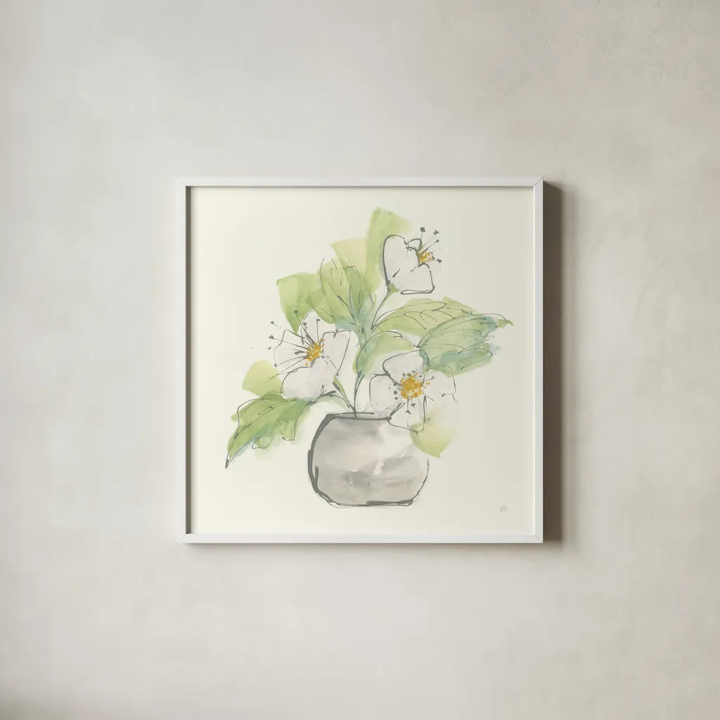 Plant Poppy I by Chris Paschke. Shown in a crisp white glass frame for a clean and minimalist style. Available as an archival giclee rolled canvas, fine art paper, or poster print. SKU 55046a.