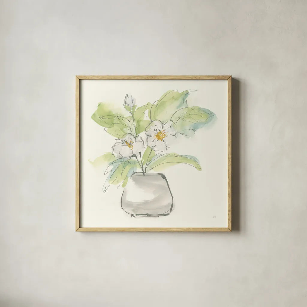 Plant Poppy II by Chris Paschke. Shown in a natural wood glass frame for a timeless modern aesthetic. Available as an archival giclee rolled canvas, fine art paper, or poster print. SKU 55047a.