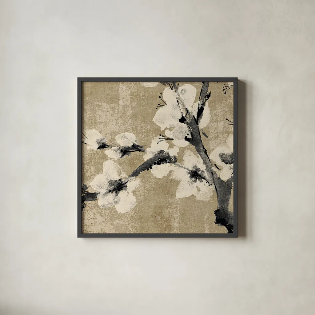 Plum Blossom I Neutral by Chris Paschke. Shown in a sleek black glass frame for a contemporary gallery look. Available as an archival giclee rolled canvas, fine art paper, or poster print. SKU 19268a.