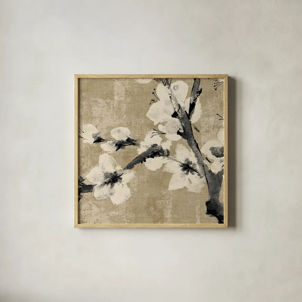 Plum Blossom I Neutral by Chris Paschke. Shown in a natural wood glass frame for a timeless modern aesthetic. Available as an archival giclee rolled canvas, fine art paper, or poster print. SKU 19268a.