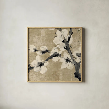 Plum Blossom I Neutral by Chris Paschke. Shown in a natural wood glass frame for a timeless modern aesthetic. Available as an archival giclee rolled canvas, fine art paper, or poster print. SKU 19268a.