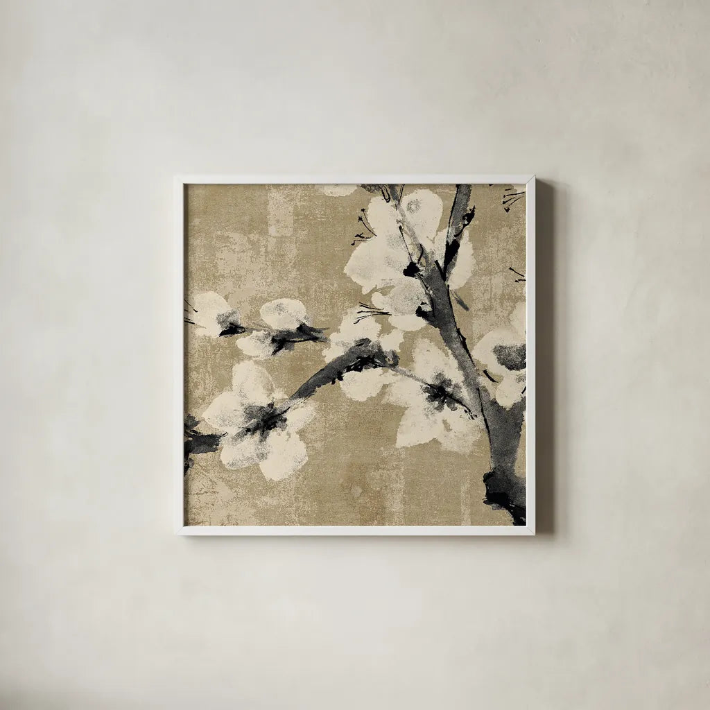 Plum Blossom I Neutral by Chris Paschke. Shown in a crisp white glass frame for a clean and minimalist style. Available as an archival giclee rolled canvas, fine art paper, or poster print. SKU 19268a.