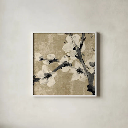 Plum Blossom I Neutral by Chris Paschke. Shown in a crisp white glass frame for a clean and minimalist style. Available as an archival giclee rolled canvas, fine art paper, or poster print. SKU 19268a.