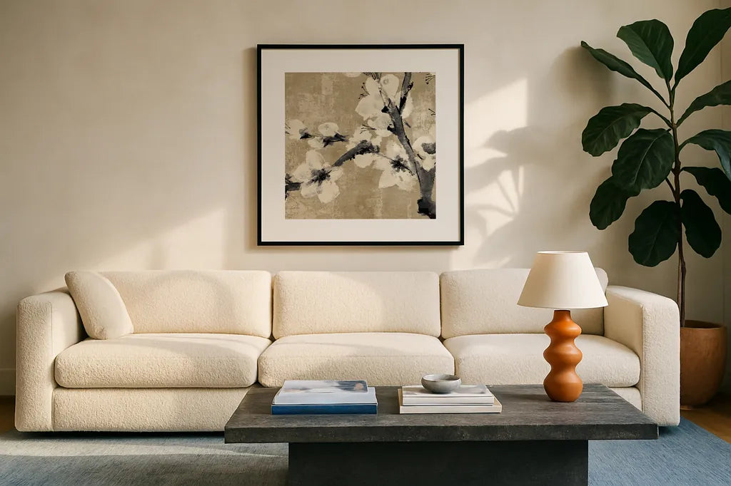 Plum Blossom I Neutral by Chris Paschke. Displayed in a glass frame with matte in a clean modern living room. Available as an archival giclee rolled canvas, fine art paper, or poster print. SKU 19268a.