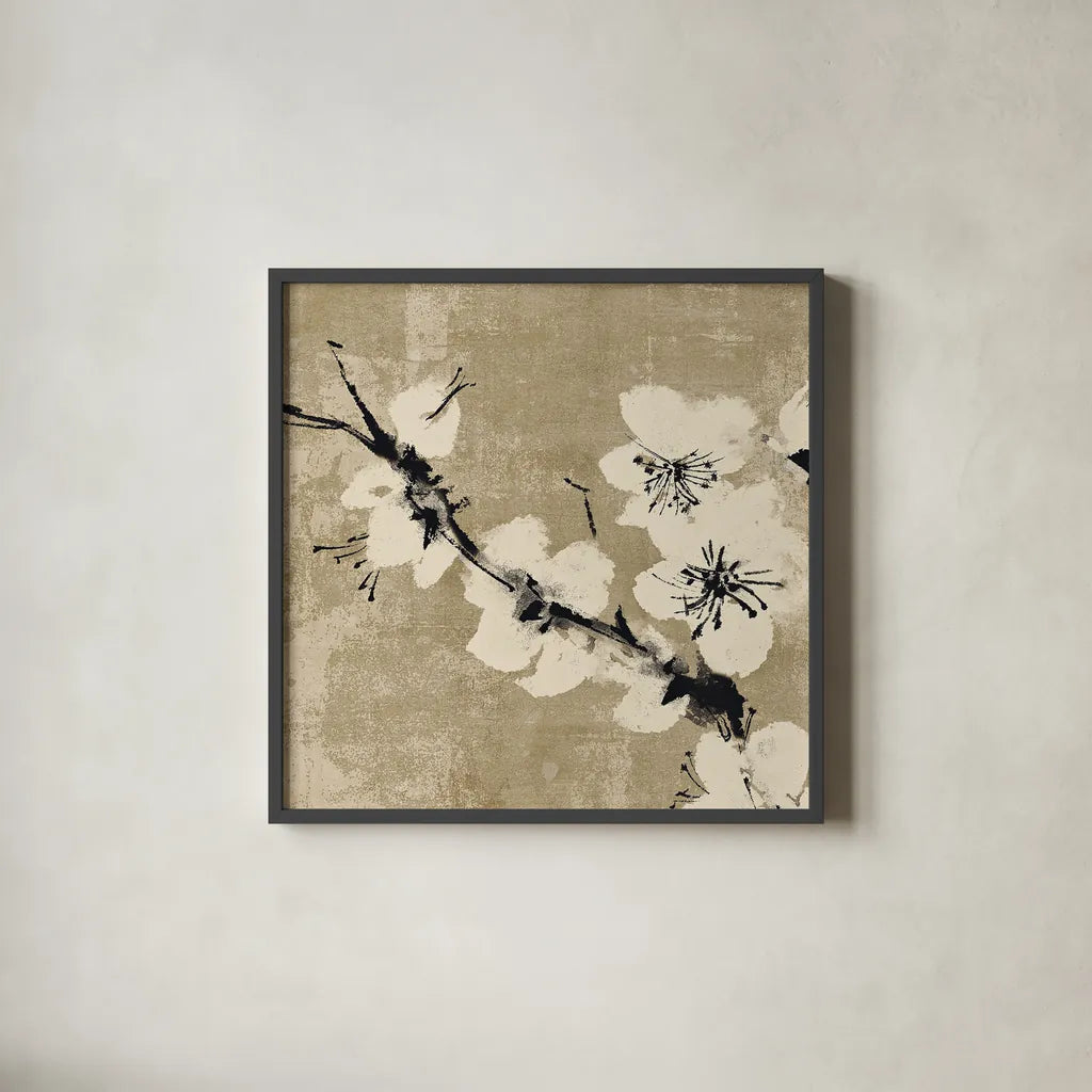Plum Blossom II Neutral by Chris Paschke. Shown in a sleek black glass frame for a contemporary gallery look. Available as an archival giclee rolled canvas, fine art paper, or poster print. SKU 19269a.
