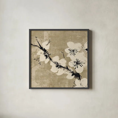 Plum Blossom II Neutral by Chris Paschke. Shown in a sleek black glass frame for a contemporary gallery look. Available as an archival giclee rolled canvas, fine art paper, or poster print. SKU 19269a.